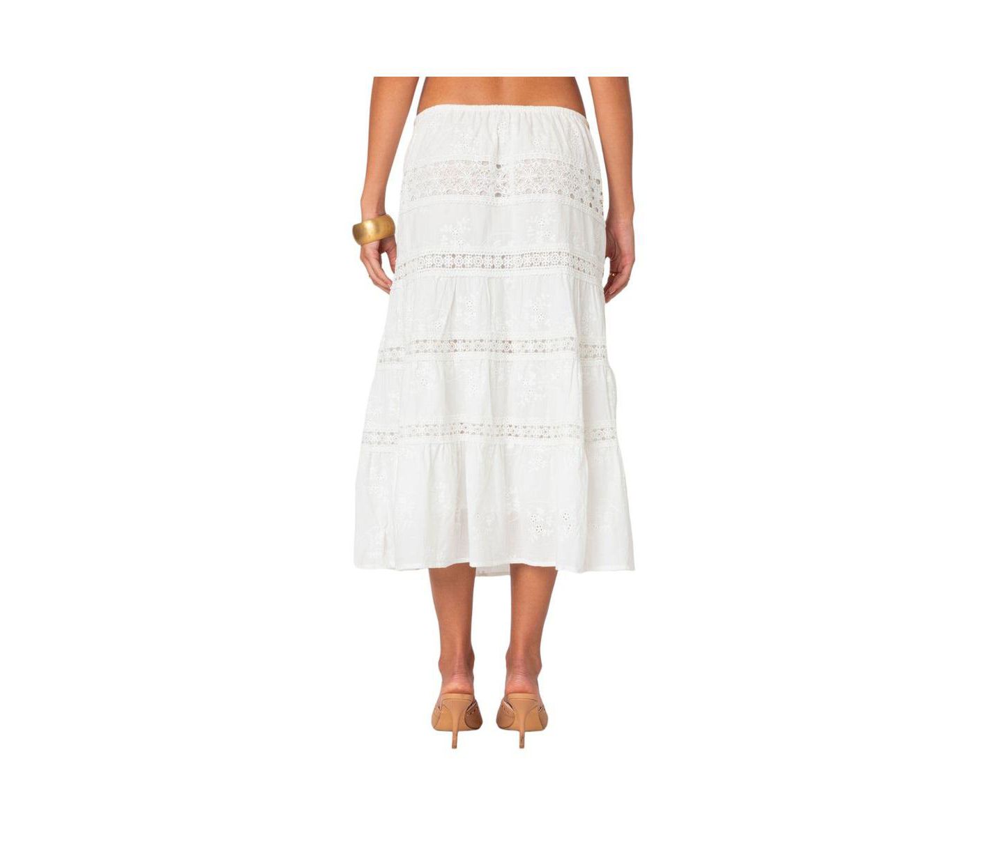 Женская юбка Edikted Tiered Cotton Lace Midi, цвет: Белый — фото 3