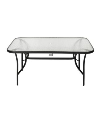 Tala Rectangular Tempered Glass Top Patio Table With Umbrella Hole And Black Steel Tube Frame