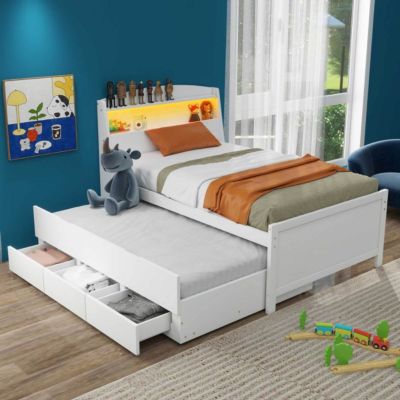 Simplie Fun Twin Size Platform Bed With Storage LED Headboard, Twin Size Trundle And 3 Drawers