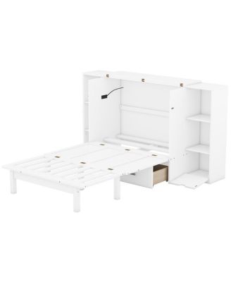 Queen Size Murphy Bed With Shelves, Drawers And USB Ports, White