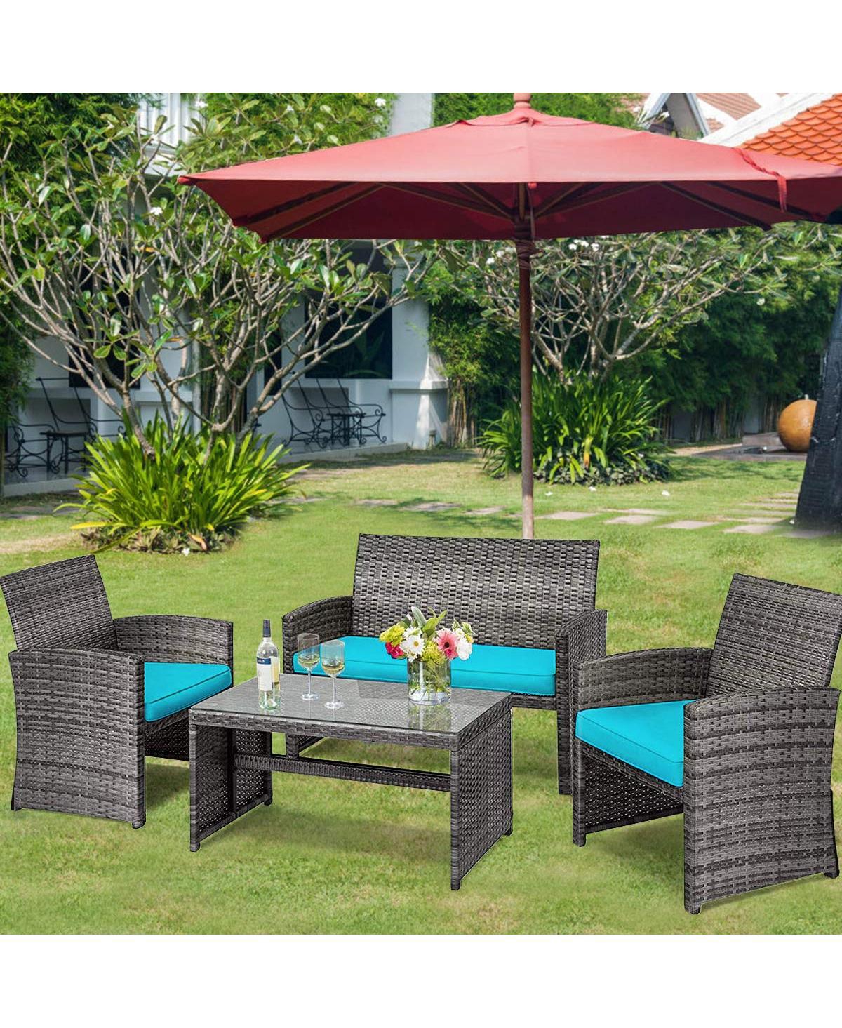 Sugift 4 Pieces Patio Rattan Furniture Set with Glass Table and Loveseat