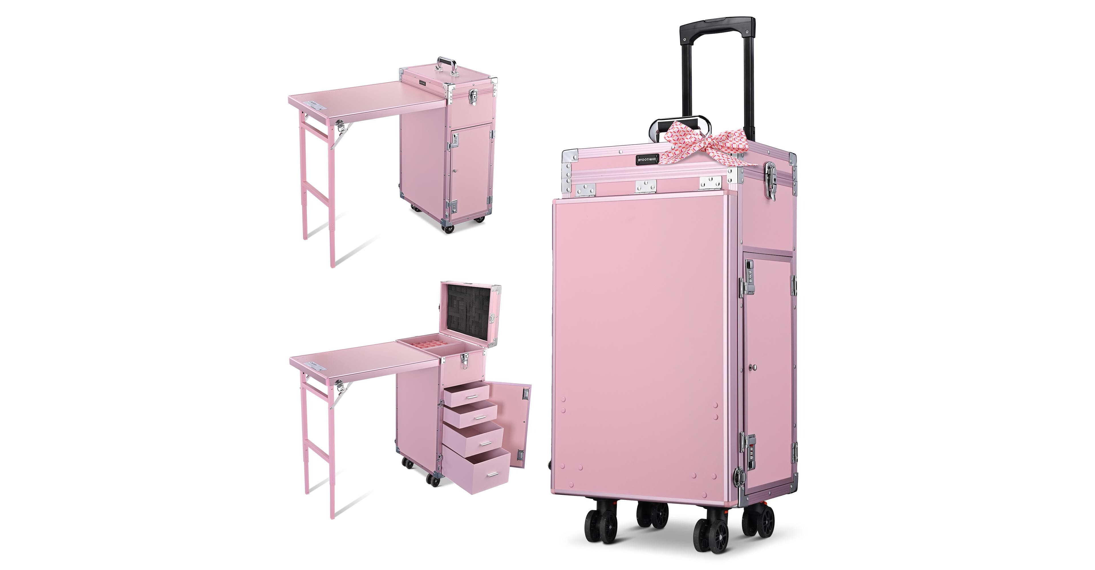 Byootique Aluminum Rolling Makeup Train Case with Table Salon Nail Trolley Cosmetic Organizer Black