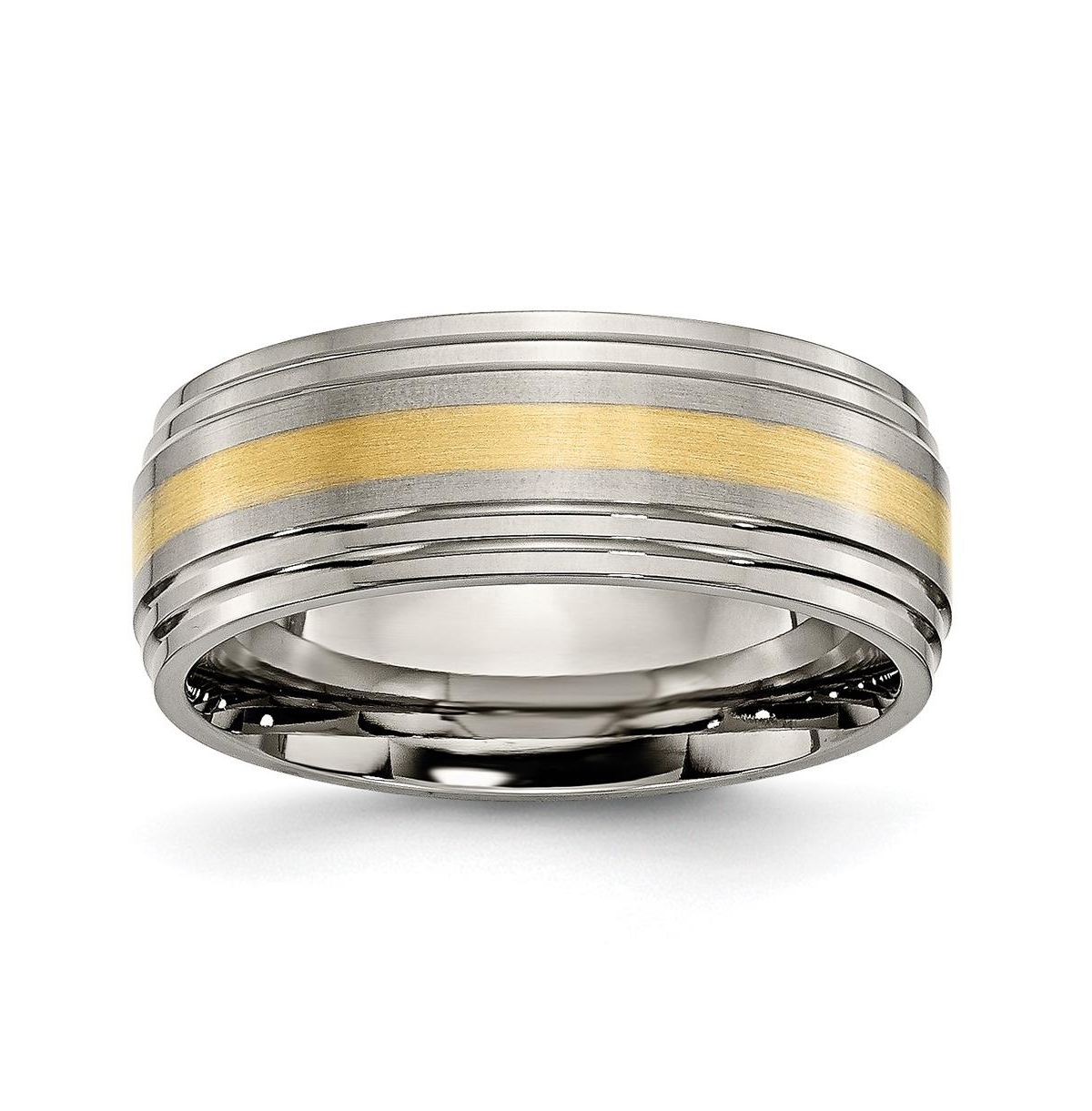 Titanium Brushed with 14k Gold Inlay Ridged Edge Band Ring - Yellow