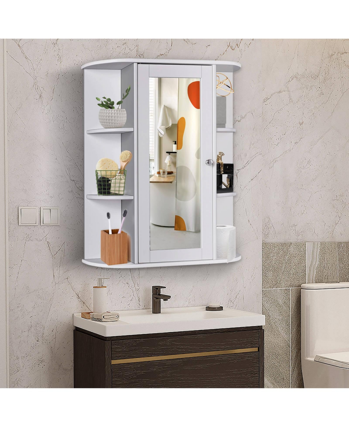 Sugift Bathroom Single Door Shelves Wall Mount Cabinet with Mirror