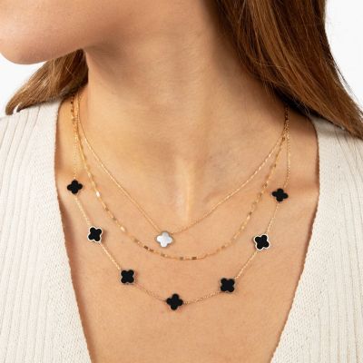 Small Onyx Clover Necklace 14K Yellow Gold