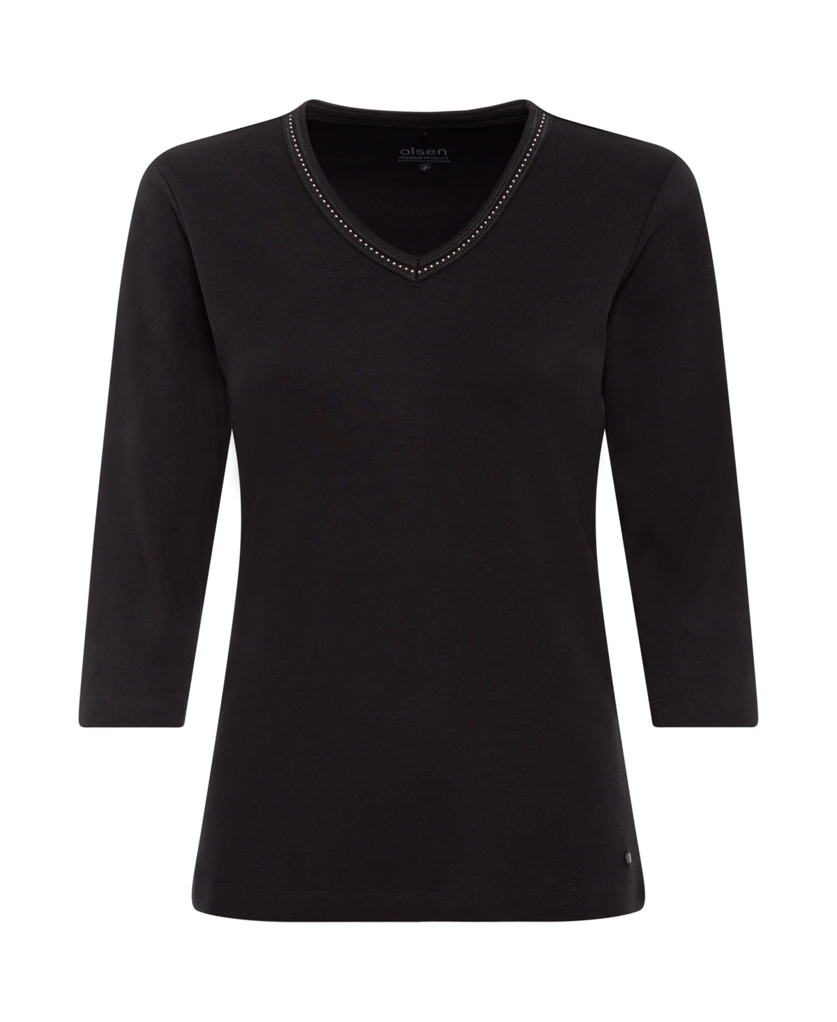 Women's 100% Organic Cotton 3/4 Sleeve Embellished V-Neck T-Shirt - Black