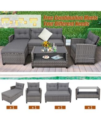 4 Pieces Patio Rattan Furniture Set with Cushion and Table Shelf