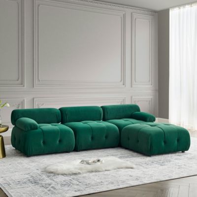 Streamdale DIY L-Shaped Green Velvet Sofa with Ottoman