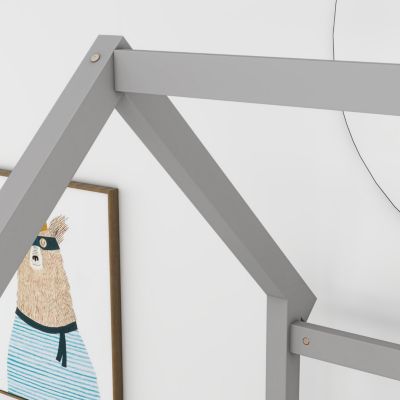 Wooden Floor Bed with House Frame and Fence Guardrails