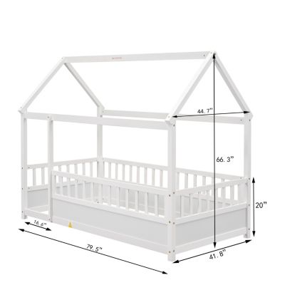 Twin Size Floor Wooden Bed with House Roof Frame, Fence Guardrails