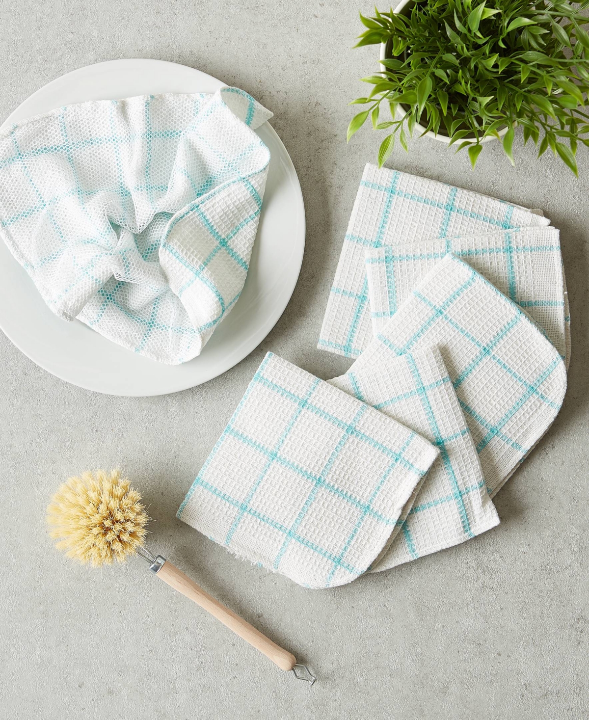 Design Imports Scrubber Dishcloths Collection Windowpane Dishrag Set, 12x12", White/aqua Stripe, 6 Piece In Aqua