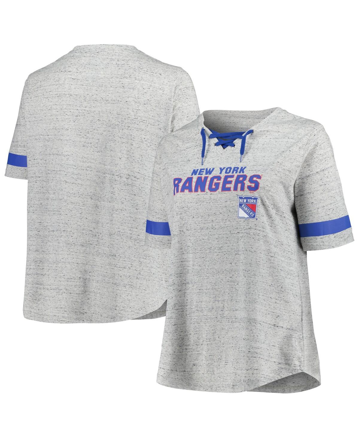 Fanatics Women's Heather Gray New York Rangers Plus Size Lace-up T-shirt In Heather Gray,royal