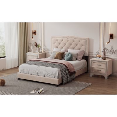 Full Size Upholstered Bed Frame With Rivet Design, Modern Velvet Platform Bed With Tufted Headboard
