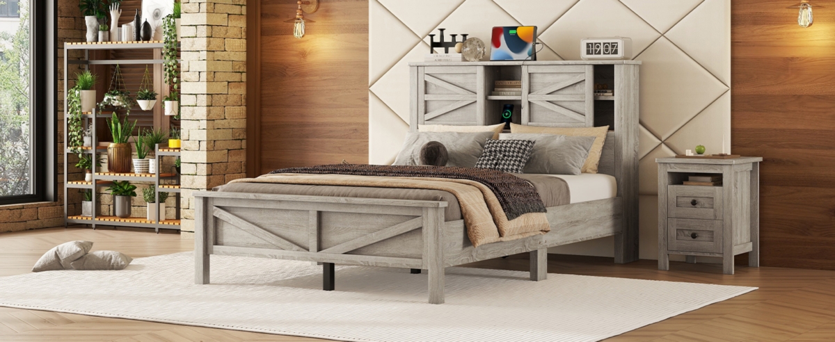 Streamdale Furniture Rustic Size Farmhouse Bed with Charging Station
