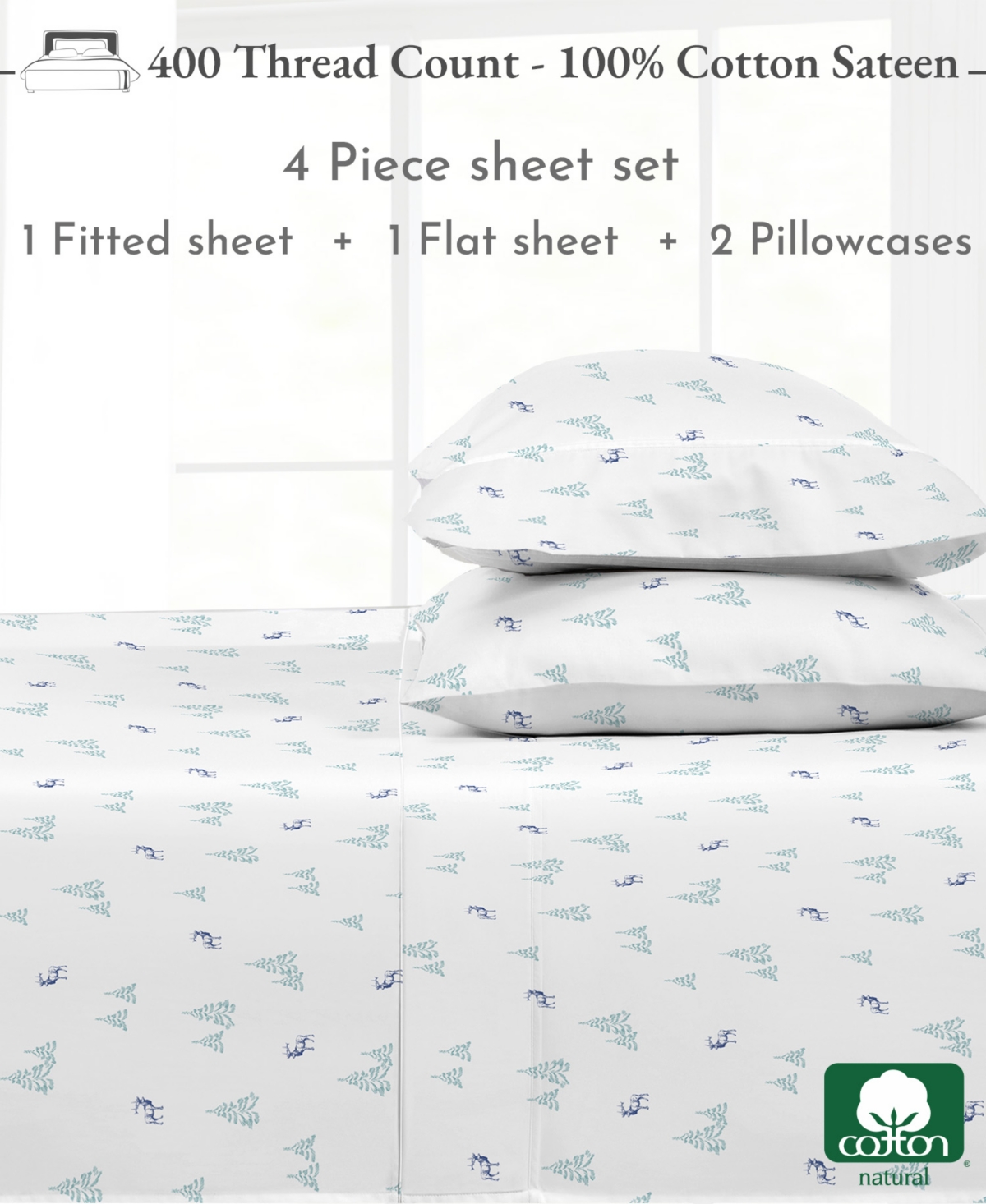 California Design Den 400 Thread Count 100% Cotton Printed Sheet Set
