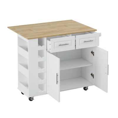  White Kitchen Island Cart with Storage and Foldable Table