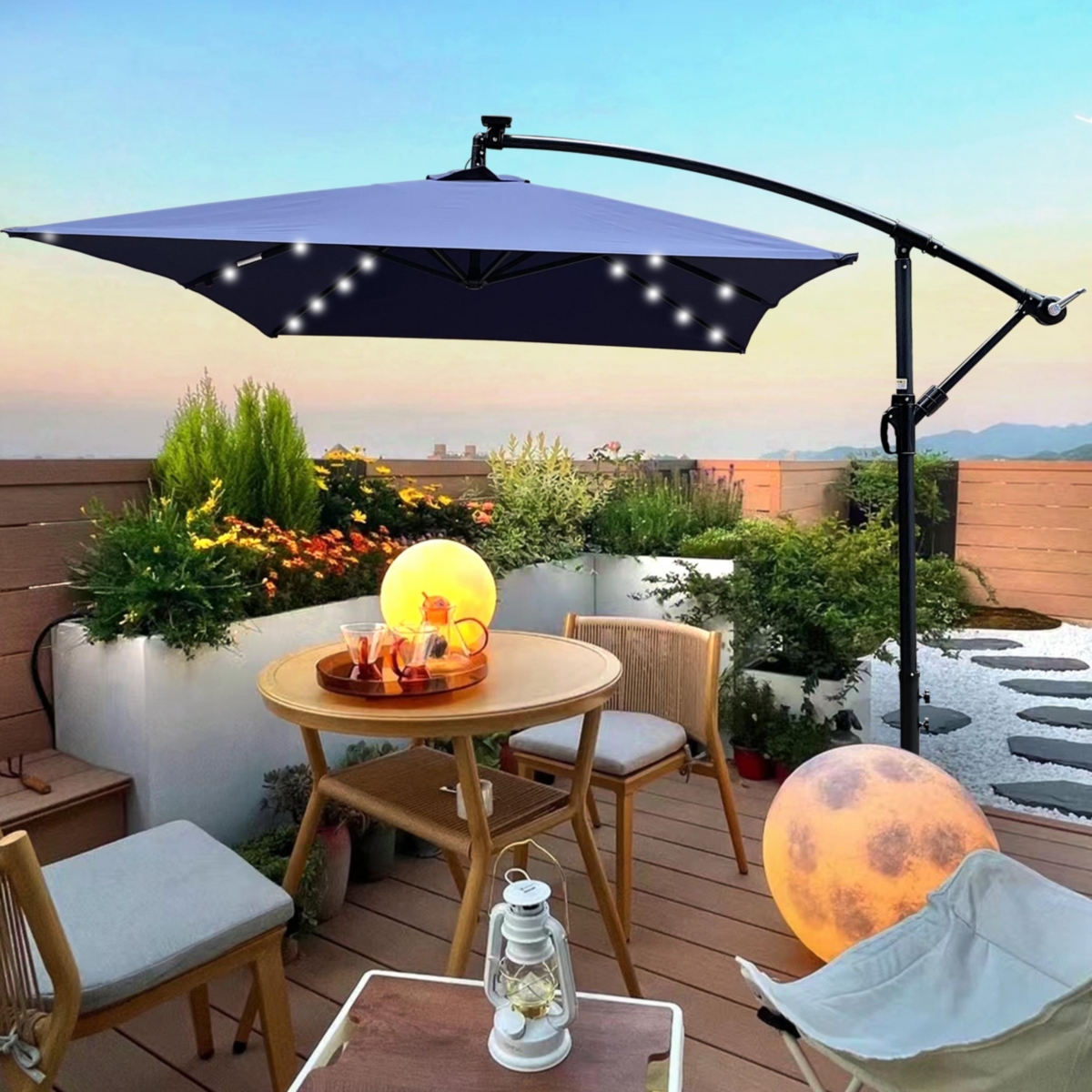 Solar Powered Led Patio Umbrella, 8 Ribs, Crank and Cross Base - Navy blue