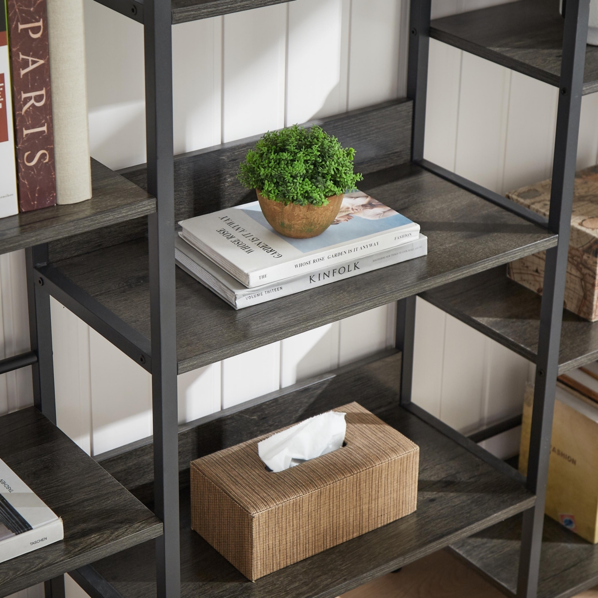 Streamdale Furniture Triple Wide 5-shelf Bookshelves Industrial Retro Wooden Style Home and Office Large Open Bookshelves, 69.3 Console Tab