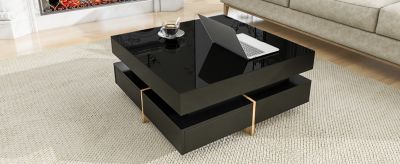 High Gloss Coffee Table with 4 Drawers, Multi Storage, Wood Grain Legs