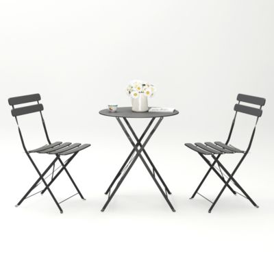 3 Pieces Patio Bistro Balcony Metail Chair Table Set-Gray