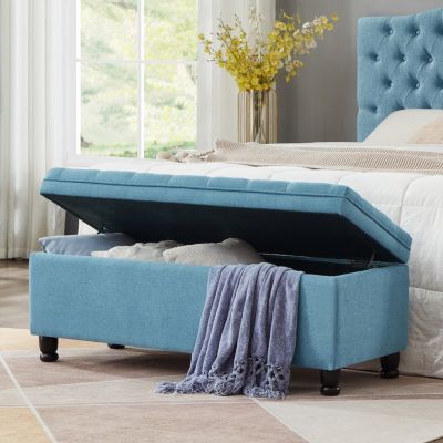 Button Tufted Storage Bench - Light Blue Linen
