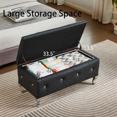 Faux Leather Storage Ottoman Bench with Crystal Buttons