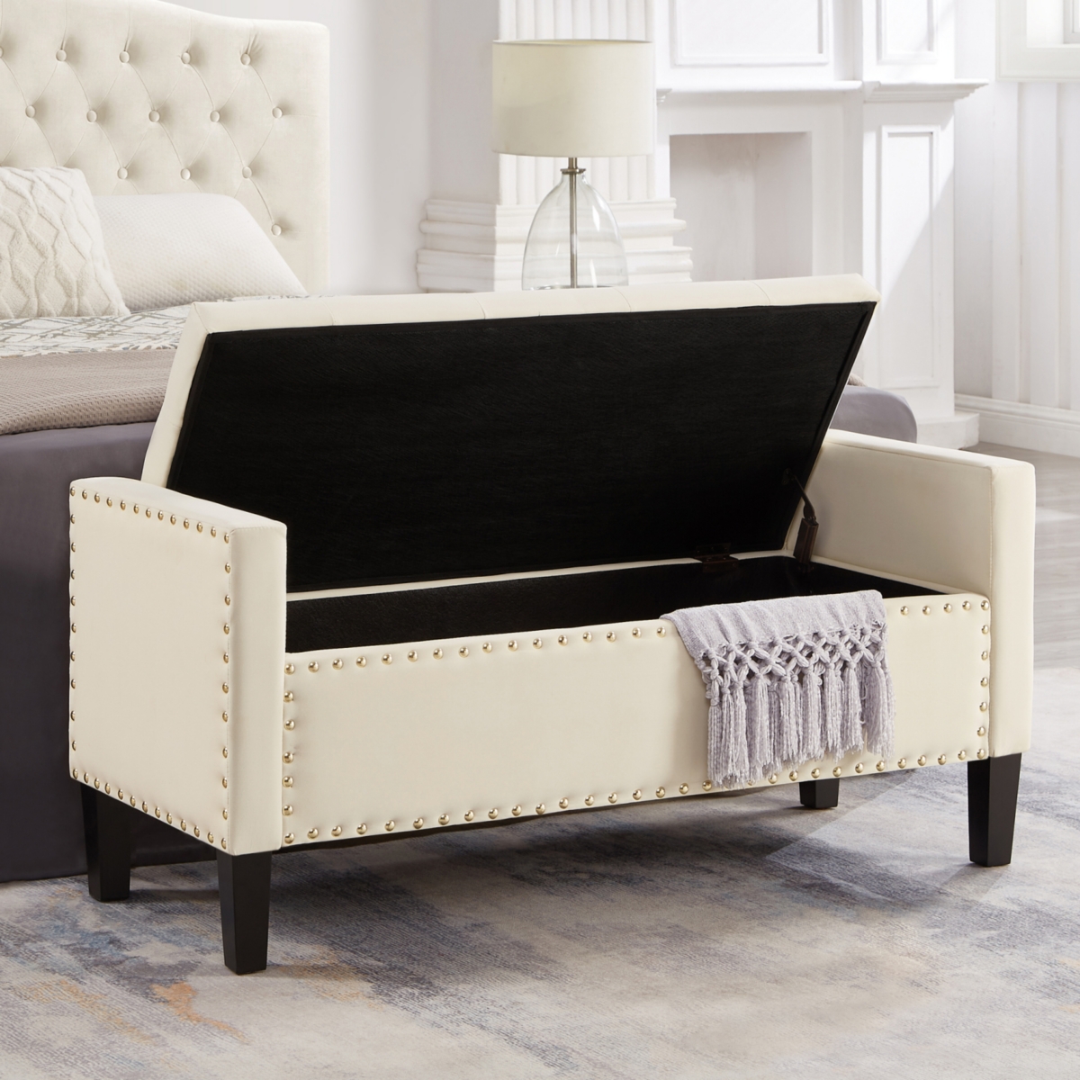 Streamdale Furniture Cream Upholstered Storage Bench with Tufted Seat