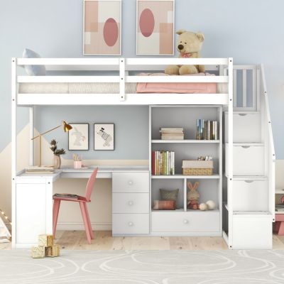 Twin Loft Bed with Desk, Storage, and Staircase