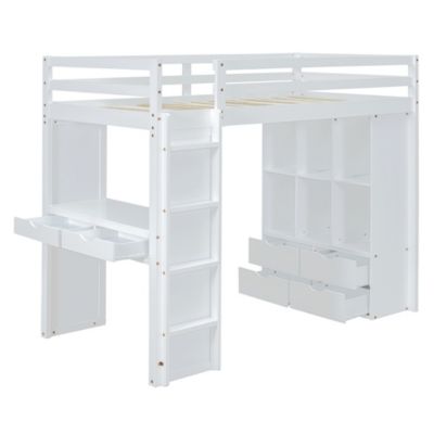  Loft Bed with Shelves, Desk & LED, White