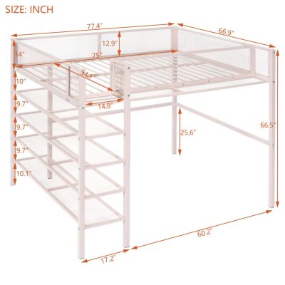Full Size Metal Loft Bed With 4-Tier Shelves And Storage