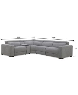 Nevio 5-Pc. Fabric Power Headrest L-Shape Sectional and Console with 3 Power Motion Chairs