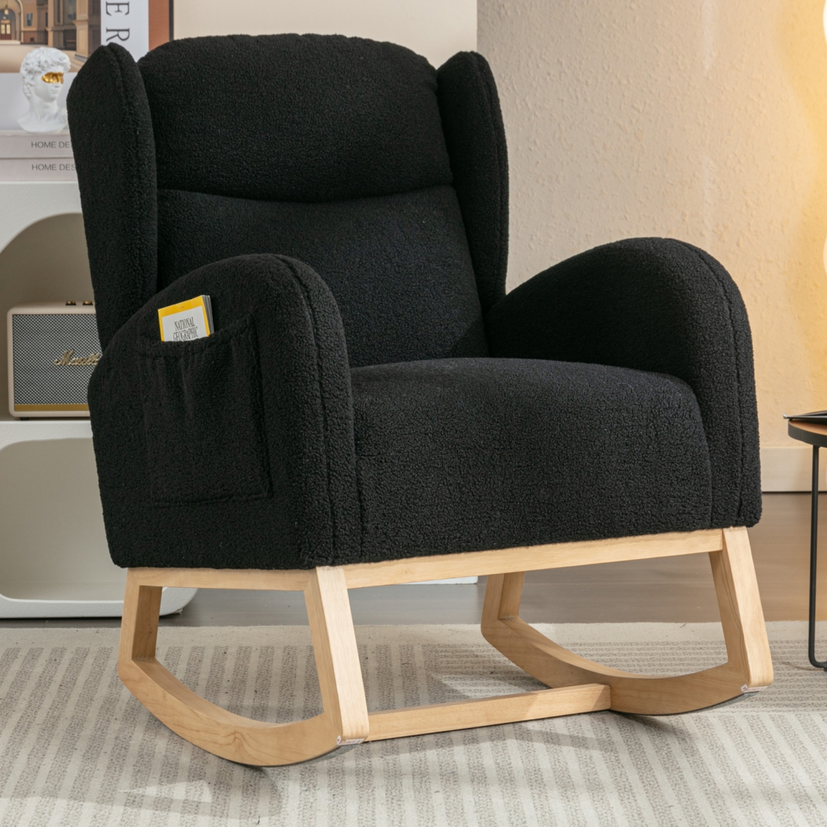Streamdale Furniture Teddy Fabric Rocking Chair With Packet Wood Legs, Black