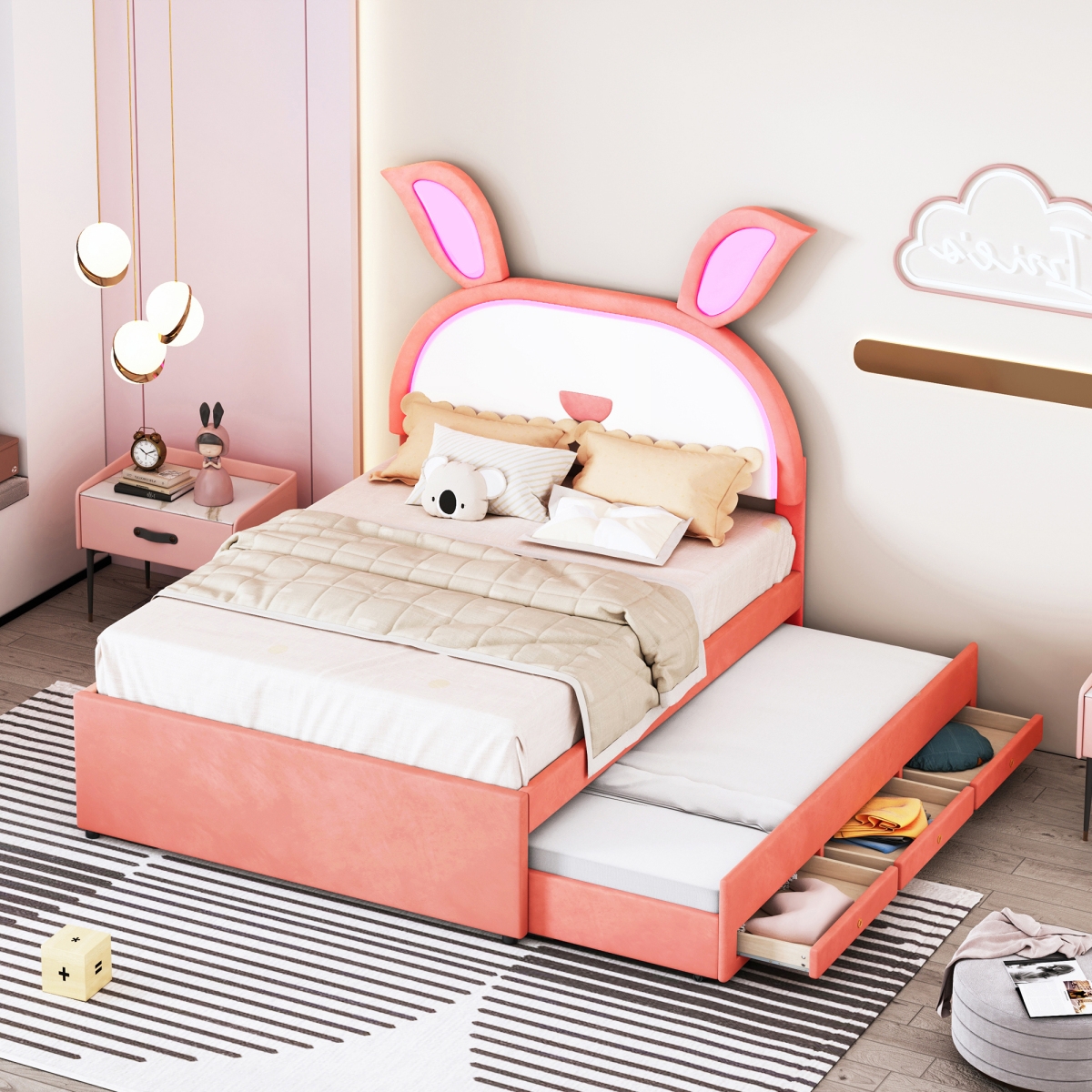Streamdale Furniture Size Platform Bed with Trundle, Drawers & Rabbit Headboard with Led Lights