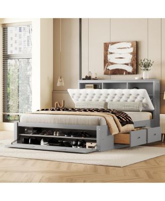 Queen Platform Bed with Storage Headboard and Drawers