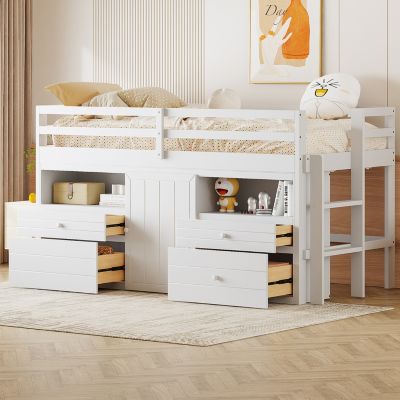  Loft Bed with Storage and Shelves - Twin