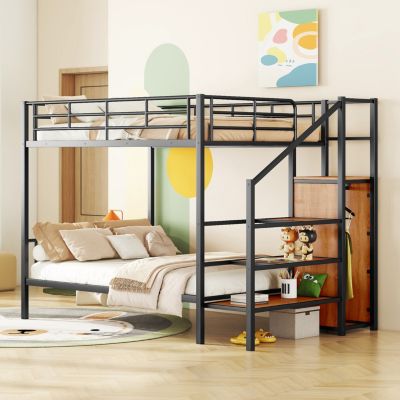 Metal Bunk Bed With Lateral Storage Ladder And Wardrobe