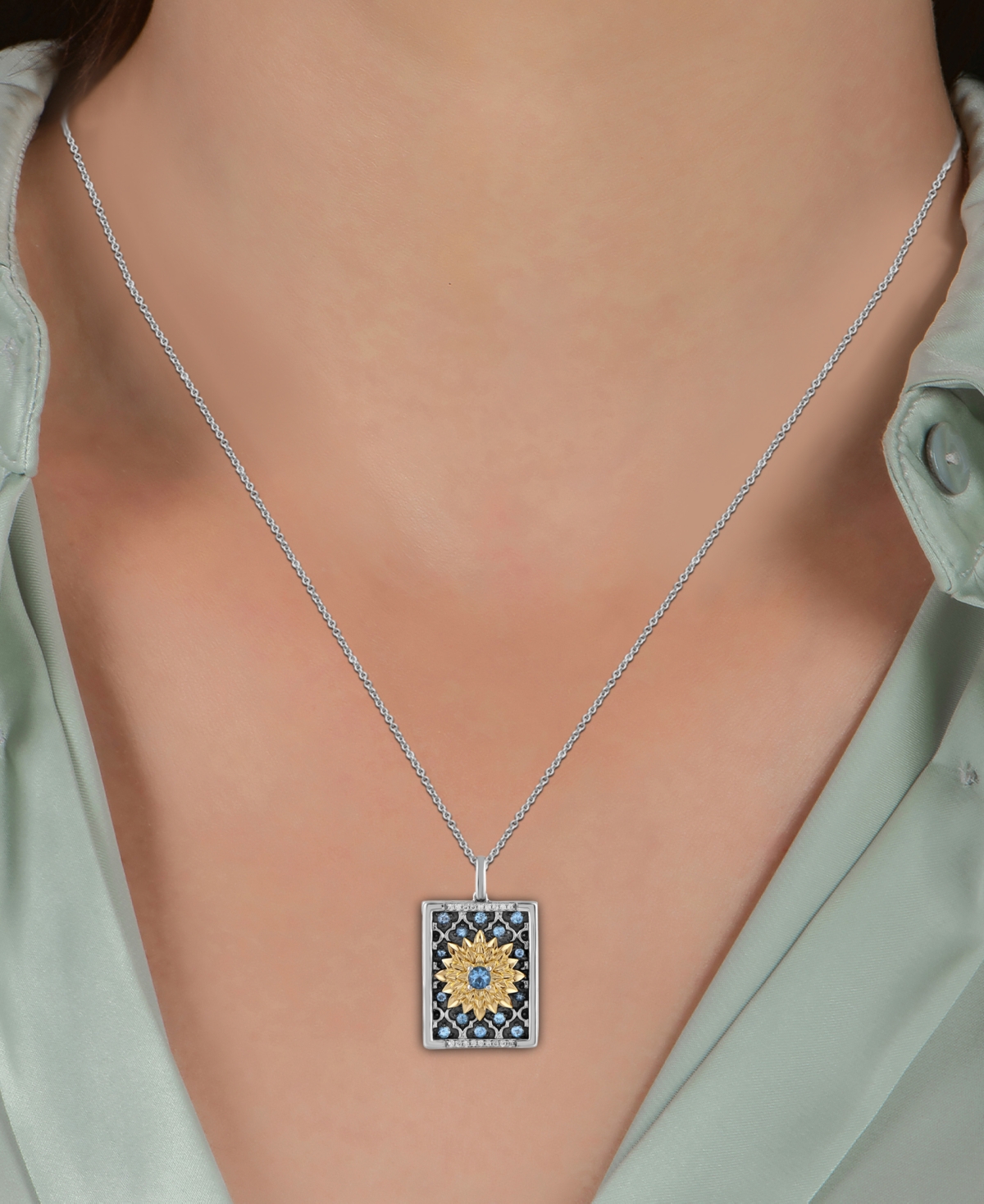 Swiss Blue Topaz (3/8 ct. t.w.) & Diamond (1/20 ct. t.w.) Jasmine Flower Pendant Necklace in 10k Gold, Sterling Silver & Black Rhodium-Plate, +