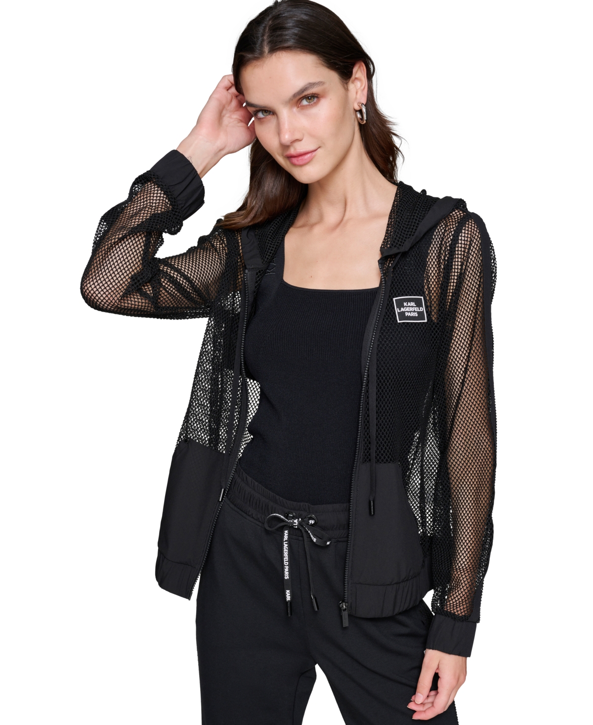 Karl Lagerfeld Women's Zip-front Logo Mesh Hoodie In Black