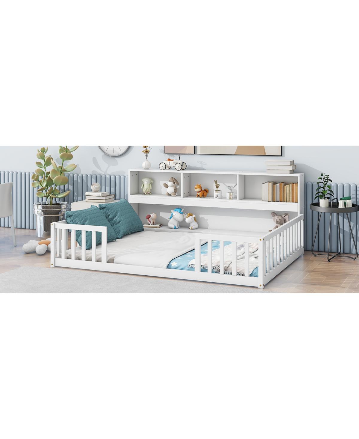 Simplie Fun Full Floor Bed With Side Bookcase, Shelves, Guardrails, White
