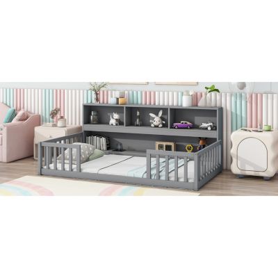 Twin Floor Bed With Bedside Bookcase, Shelves, Guardrails, Grey