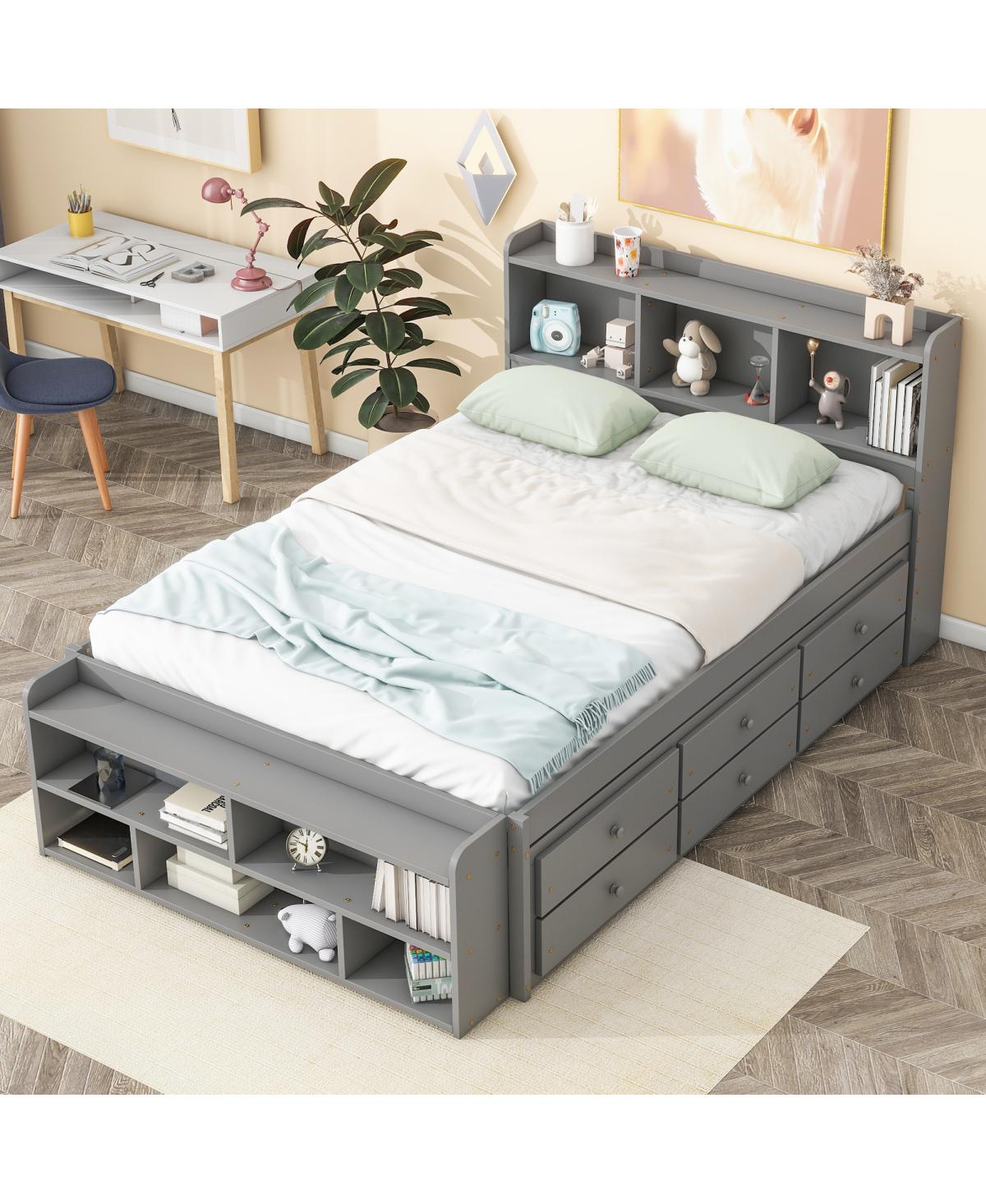 Streamdale Furniture Bed With Bookcase Headboard, Under Bed Storage Drawers And Bed End Storage Case,- Grey