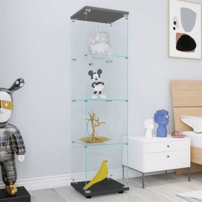 4 Shelves Glass Cabinet Glass Display Cabinet With One Door, Black