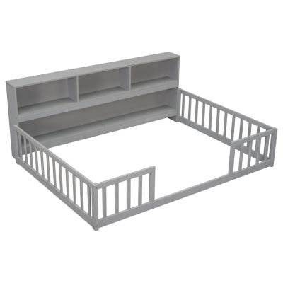 Full Floor Bed With Side Bookcase, Shelves, Guardrails