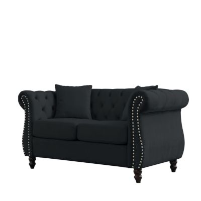 2-Seater Black Velvet Chesterfield Sofa with Trim & Pillows