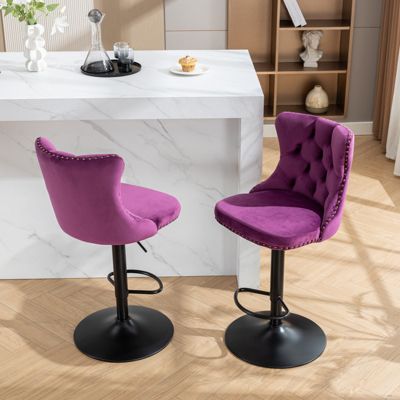 Swivel Velvet Barstools, Adjustable Height, Purple (Set of 2