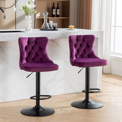 Swivel Velvet Barstools, Adjustable Height, Purple (Set of 2