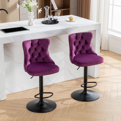 Swivel Velvet Barstools, Adjustable Height, Purple (Set of 2