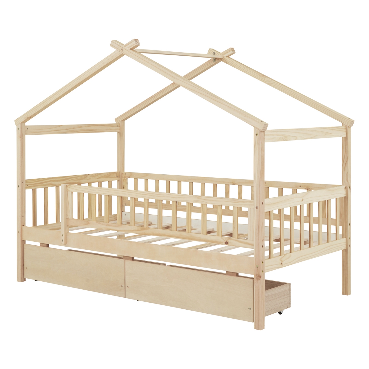 Streamdale Furniture Size Wooden House Bed With Two Drawers,- Natural