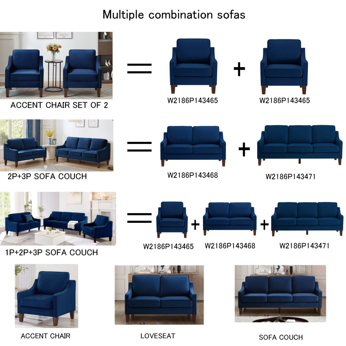 Streamdale Upholstered Velvet Loveseat Sofa with Wooden Legs, Navy