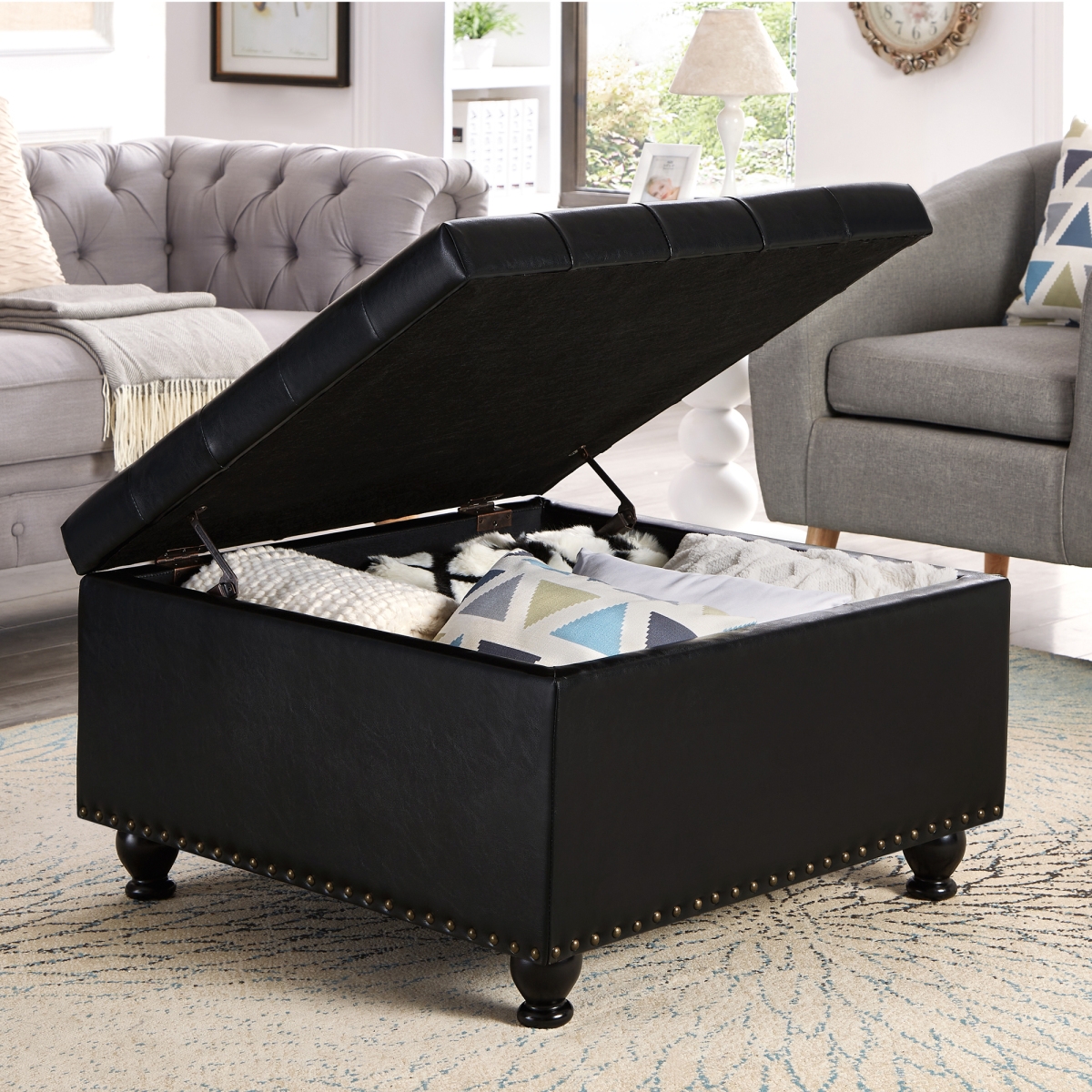 Streamdale Furniture Black Upholstered Ottoman with Wooden Legs